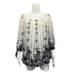 Roz & Ali Black White Floral Polka Dot Lined Plus Size 1X